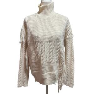 Free Generation Los Angeles Cream Cowl Neck Distressed Fringe Sweater in Sz M